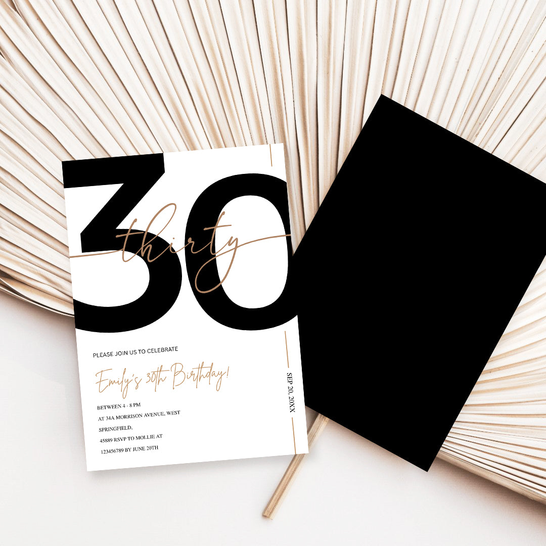 Modern Minimalist White & Gold 30th Birthday Party Invitation – Editable Canva Template