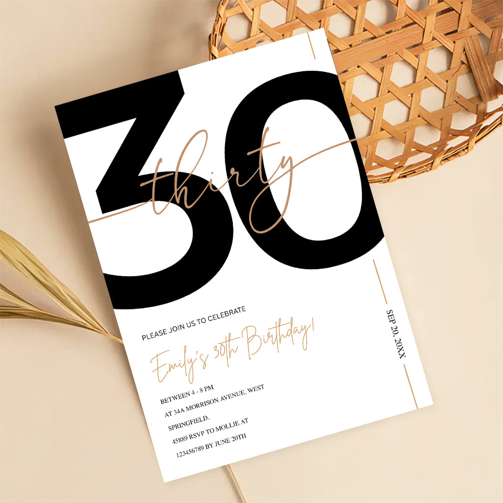 Modern Minimalist White & Gold 30th Birthday Party Invitation – Editable Canva Template