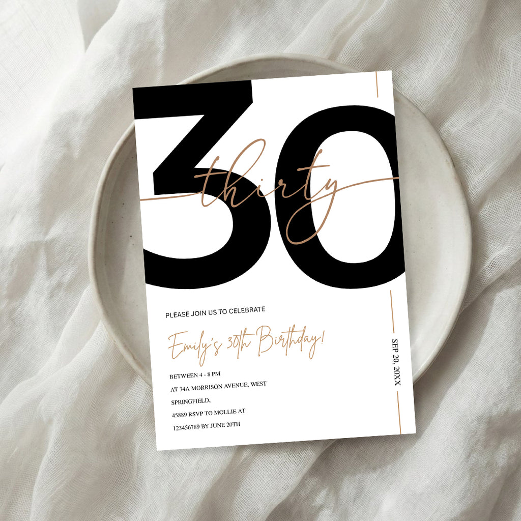 Modern Minimalist White & Gold 30th Birthday Party Invitation – Editable Canva Template