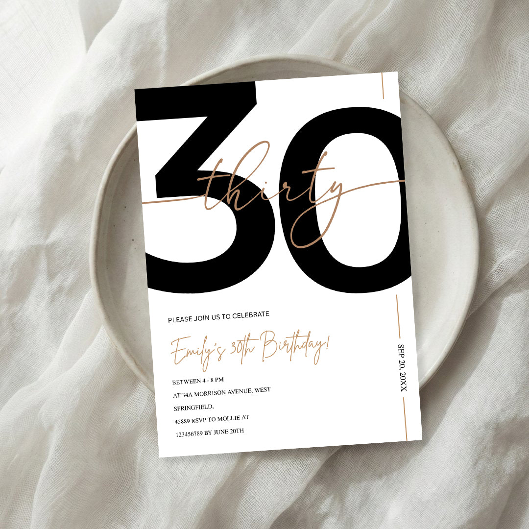 Modern Minimalist White & Gold 30th Birthday Party Invitation – Editable Canva Template