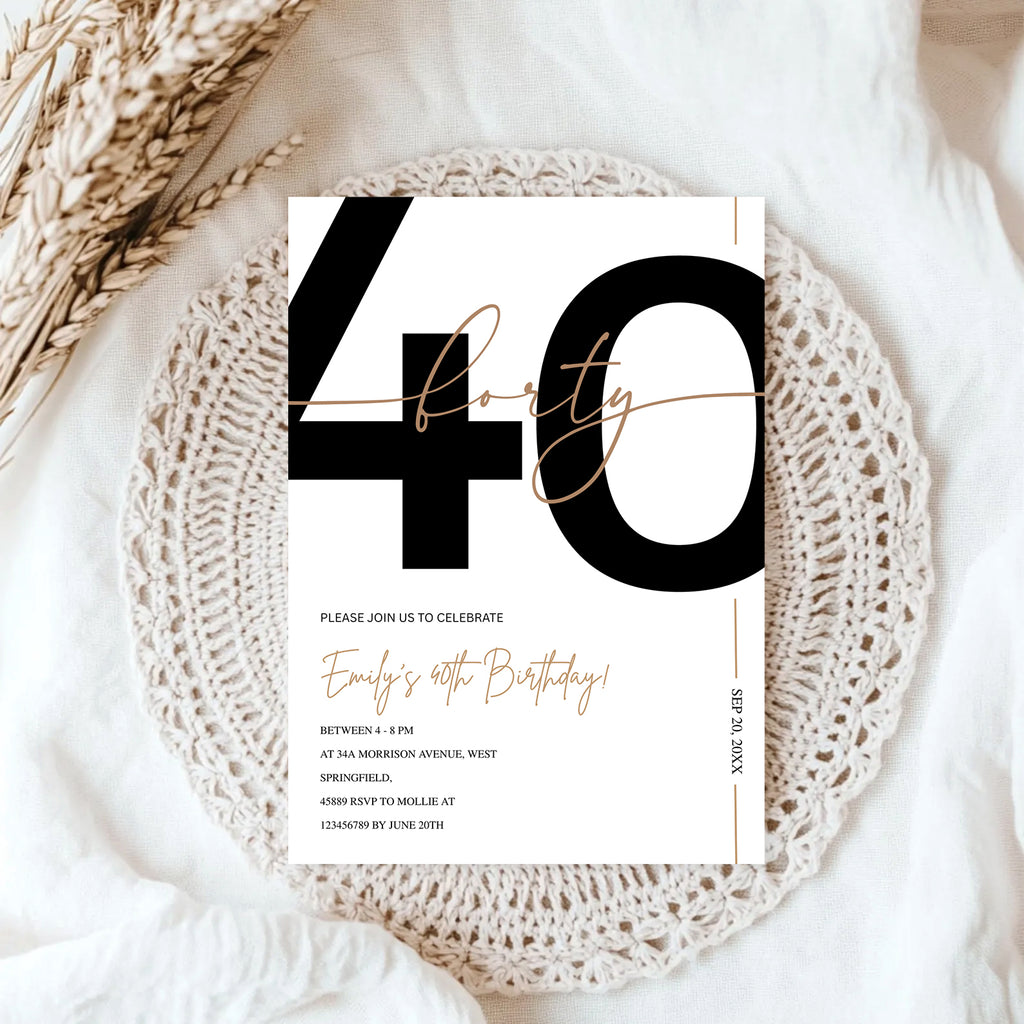 Modern Minimalist White & Gold 40th Birthday Party Invitation – Editable Canva Template