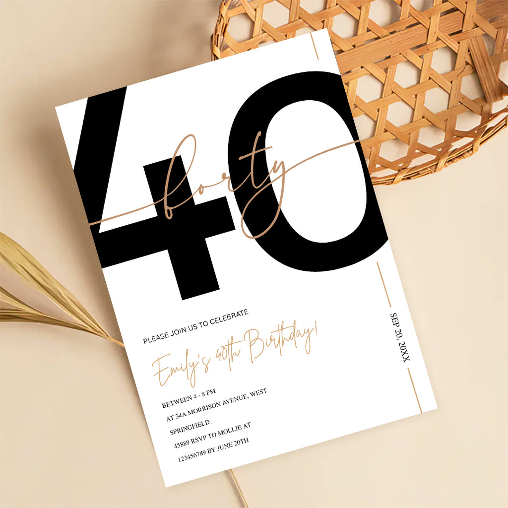 Modern Minimalist White & Gold 40th Birthday Party Invitation – Editable Canva Template