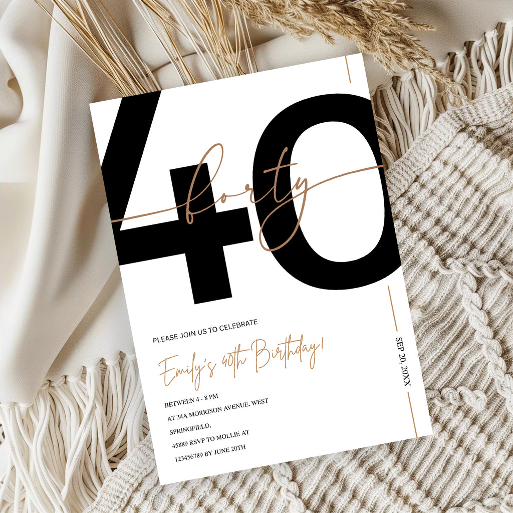 Modern Minimalist White & Gold 40th Birthday Party Invitation – Editable Canva Template