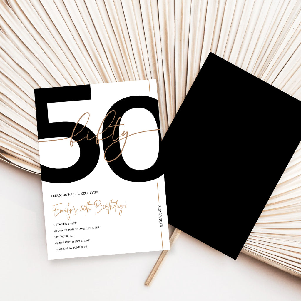 Modern Minimalist White & Gold 50th Birthday Party Invitation – Editable Canva Template