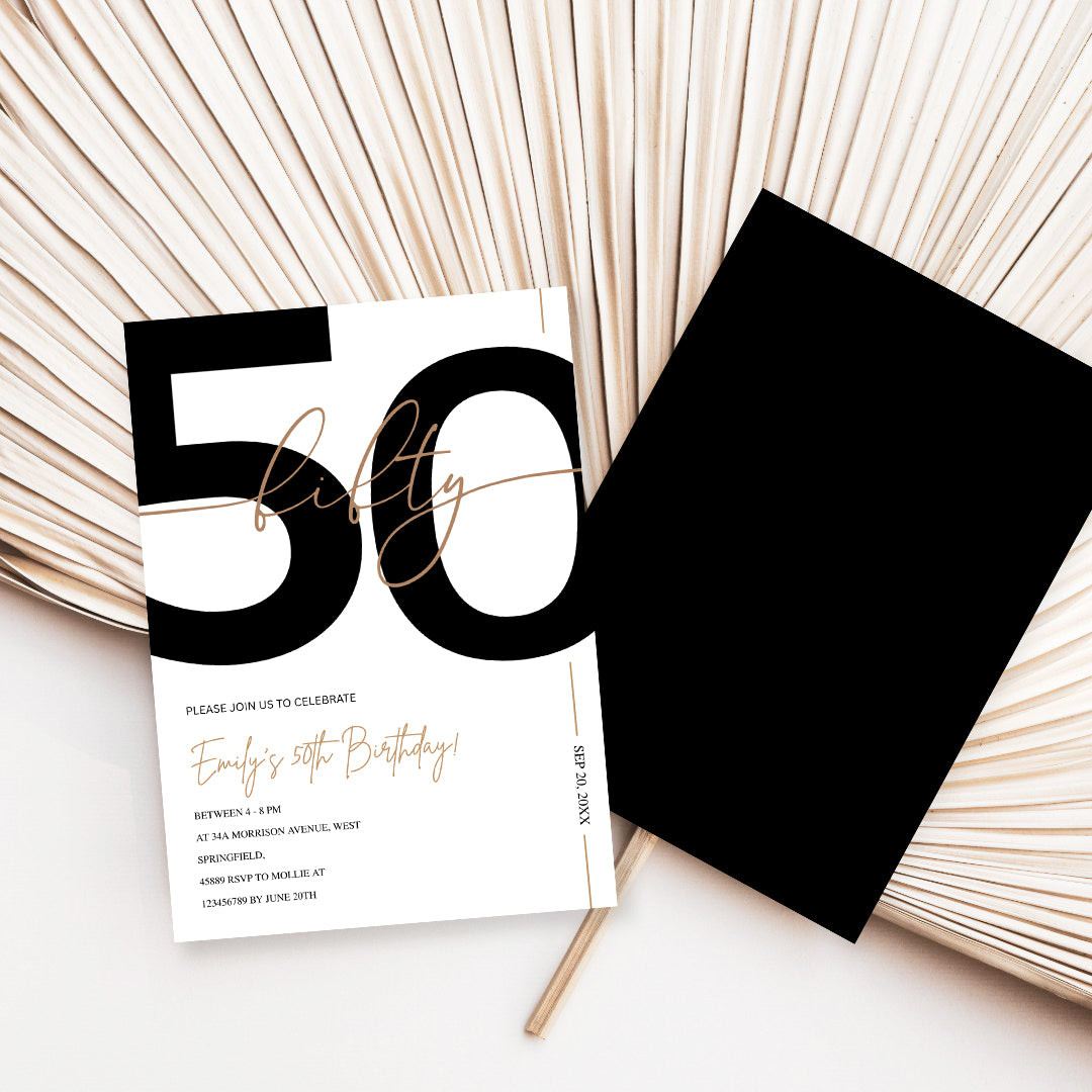 Modern Minimalist White & Gold 50th Birthday Party Invitation – Editable Canva Template