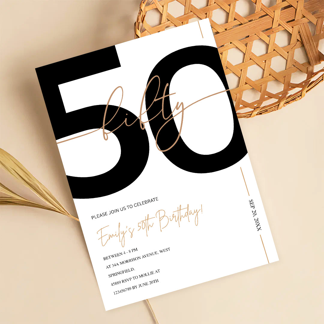 Modern Minimalist White & Gold 50th Birthday Party Invitation – Editable Canva Template