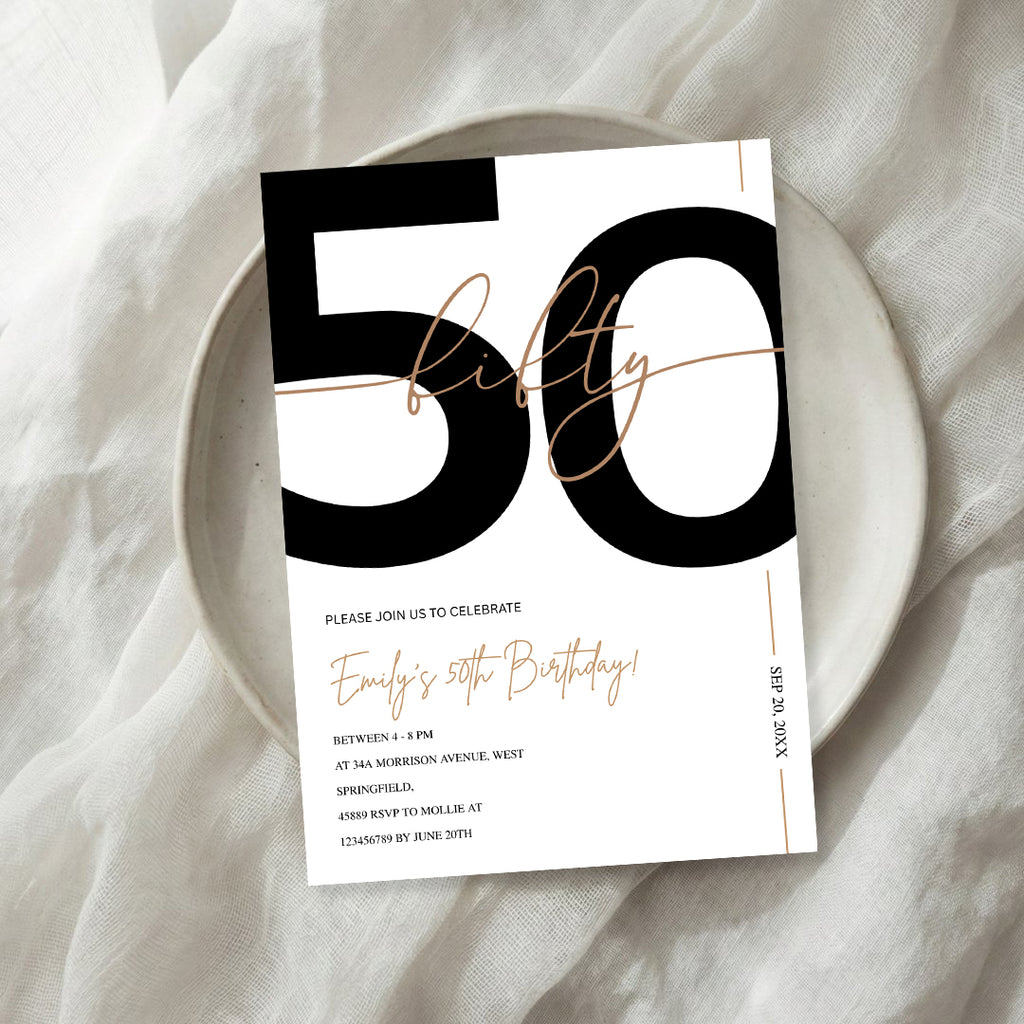 Modern Minimalist White & Gold 50th Birthday Party Invitation – Editable Canva Template
