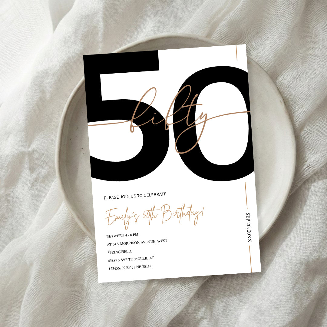 Modern Minimalist White & Gold 50th Birthday Party Invitation – Editable Canva Template