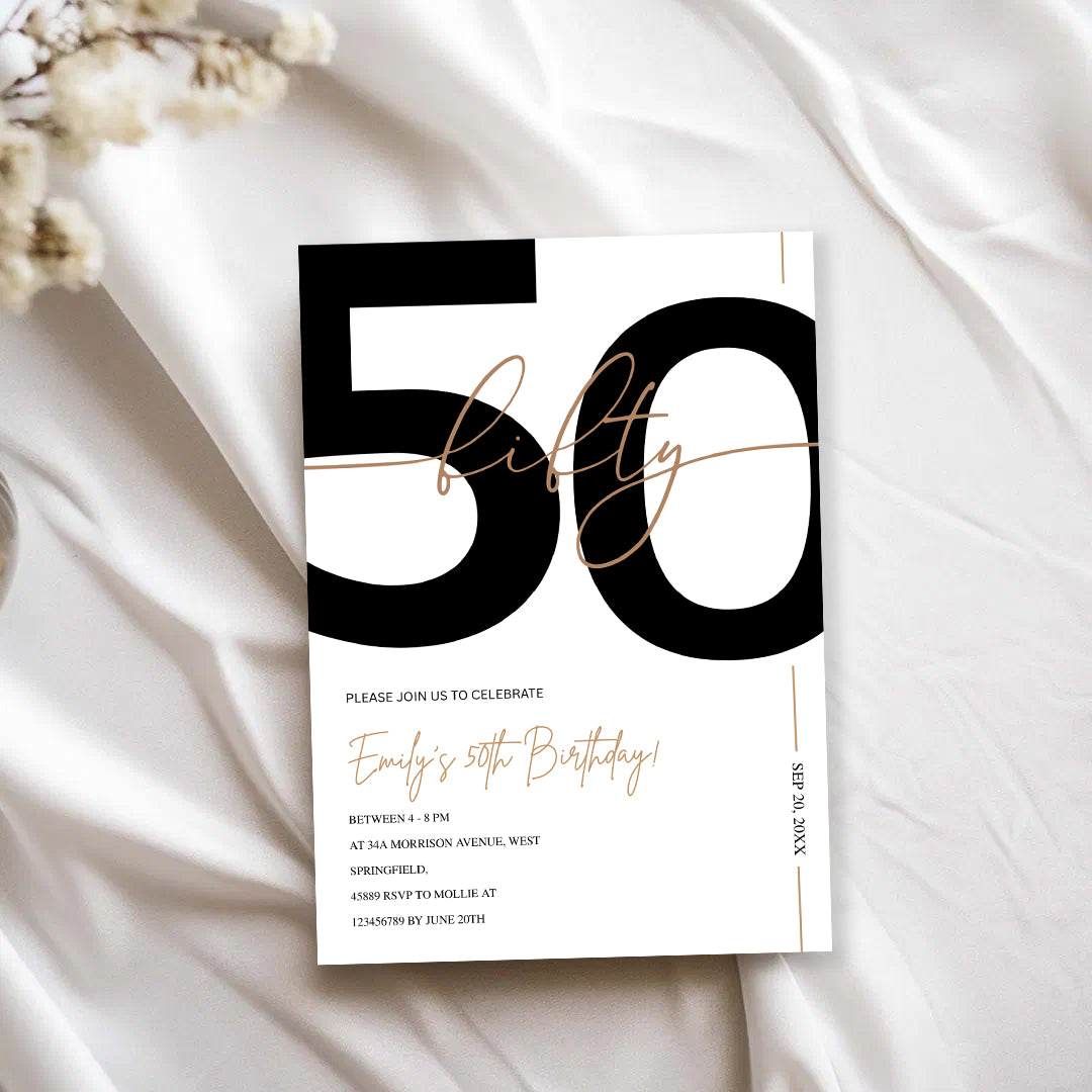 Modern Minimalist White & Gold 50th Birthday Party Invitation – Editable Canva Template