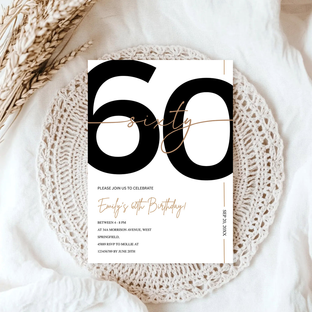 Modern Minimalist White & Gold 60th Birthday Party Invitation – Editable Canva Template