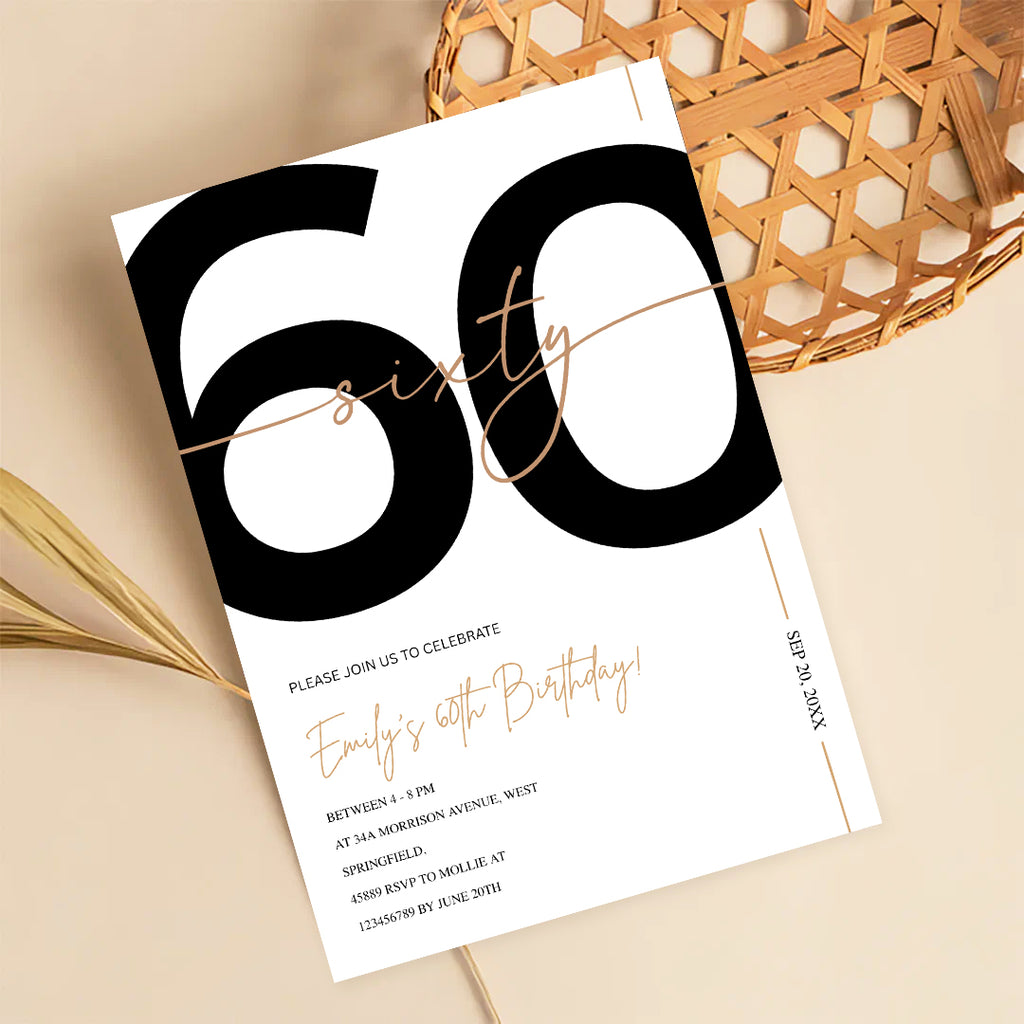 Modern Minimalist White & Gold 60th Birthday Party Invitation – Editable Canva Template
