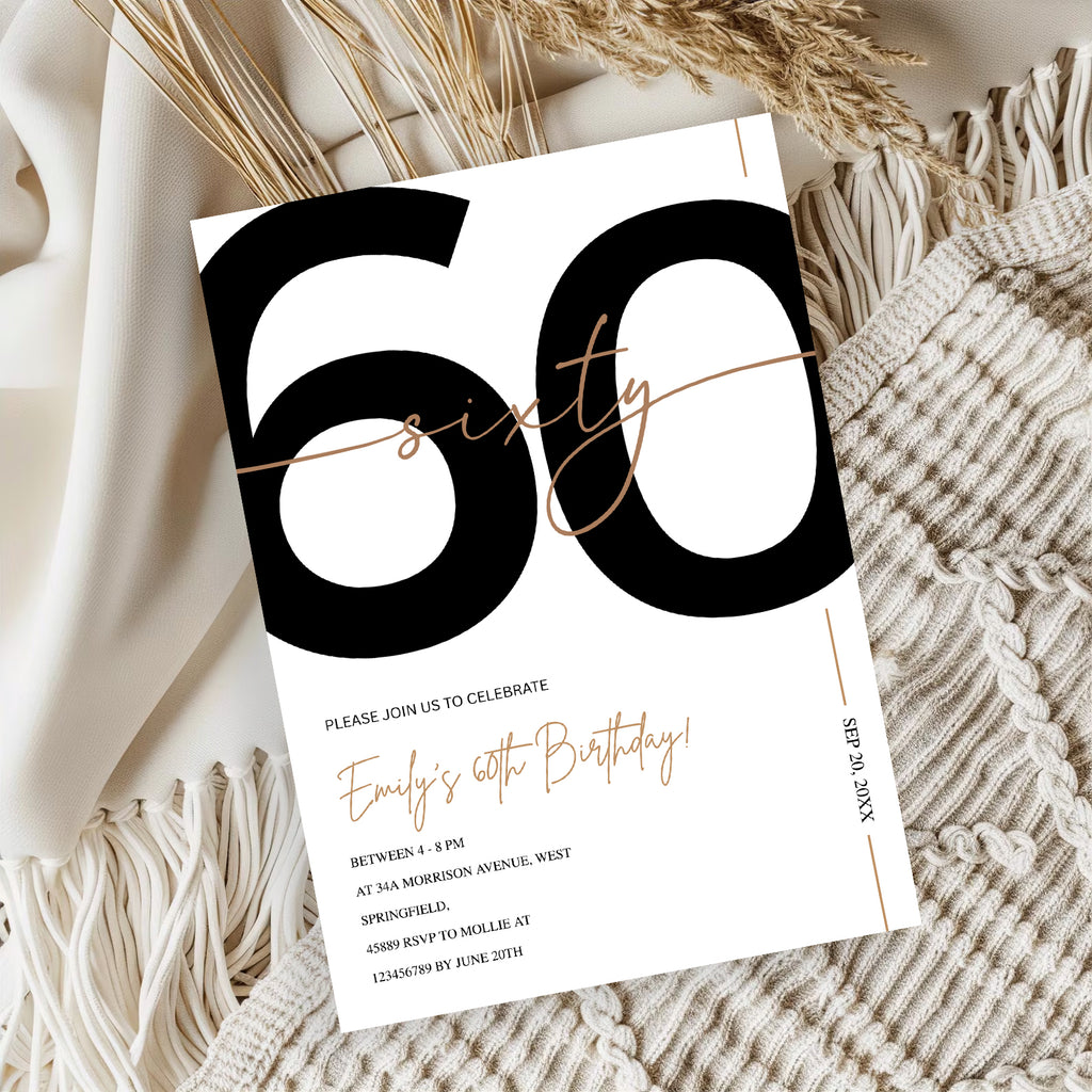 Modern Minimalist White & Gold 60th Birthday Party Invitation – Editable Canva Template