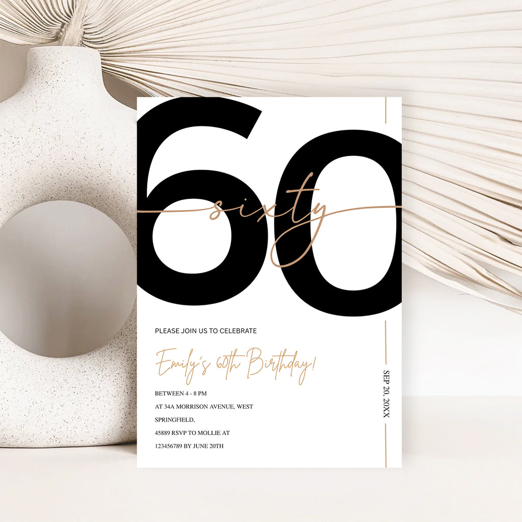 Modern Minimalist White & Gold 60th Birthday Party Invitation – Editable Canva Template