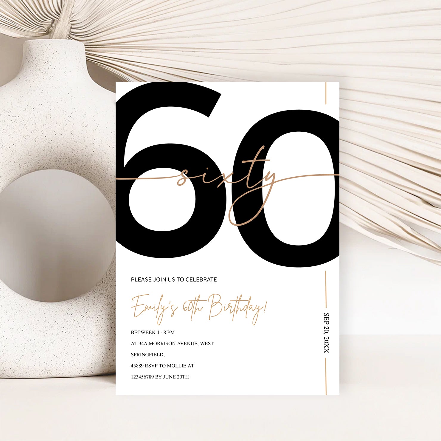Modern Minimalist White & Gold 60th Birthday Party Invitation – Editable Canva Template