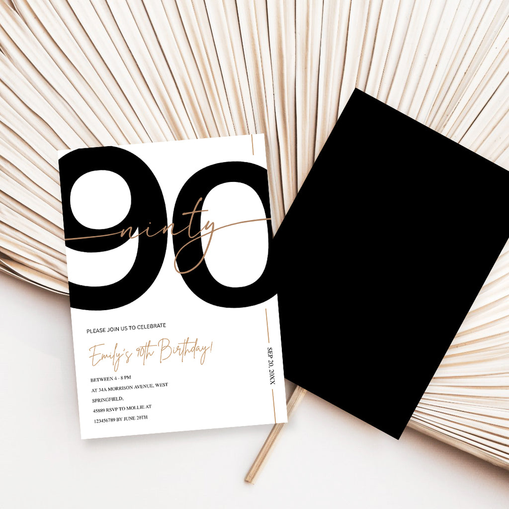 Modern Minimalist White & Gold 90th Birthday Party Invitation – Editable Canva Template