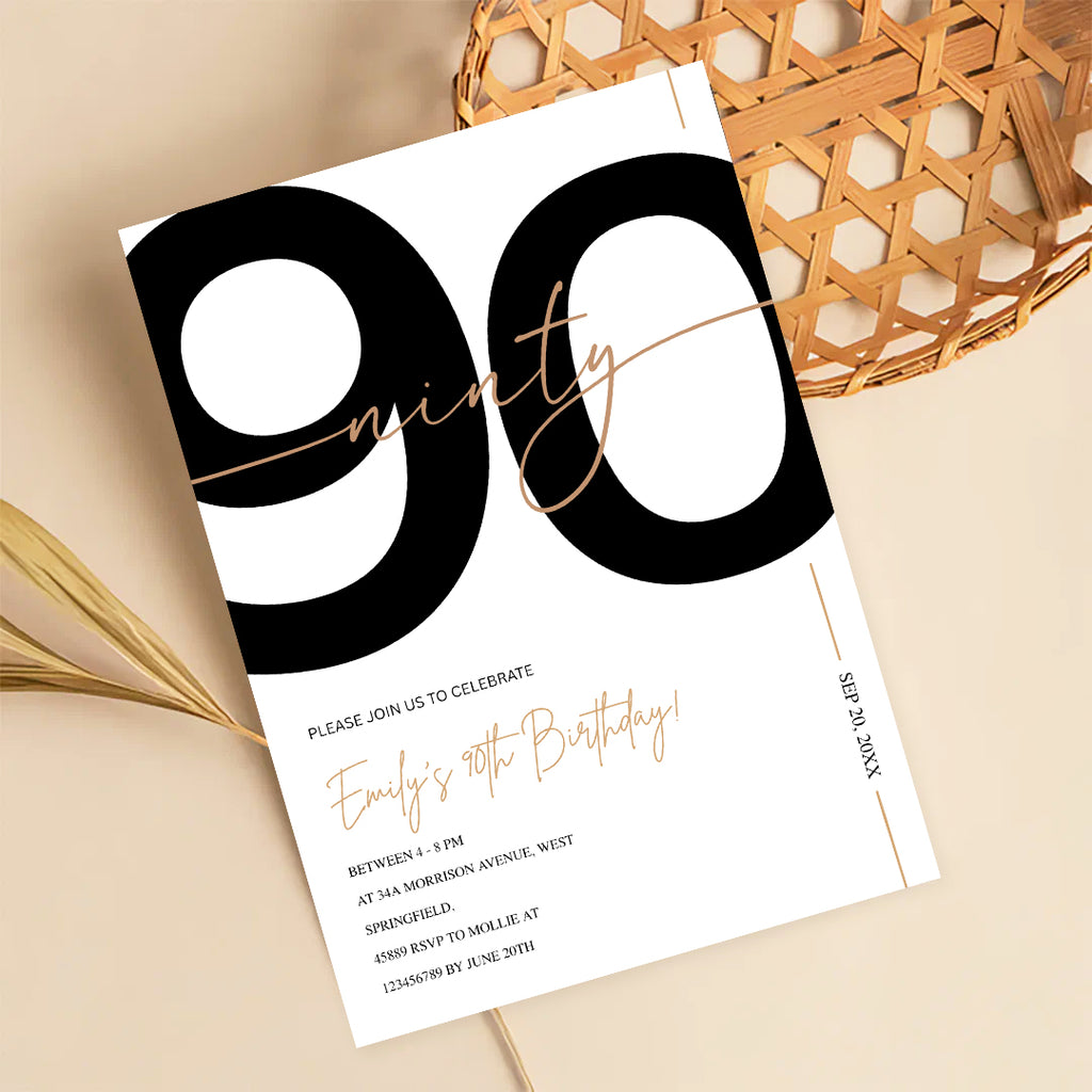 Modern Minimalist White & Gold 90th Birthday Party Invitation – Editable Canva Template