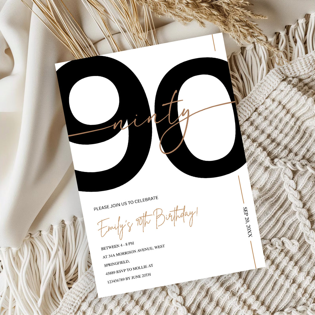 Modern Minimalist White & Gold 90th Birthday Party Invitation – Editable Canva Template