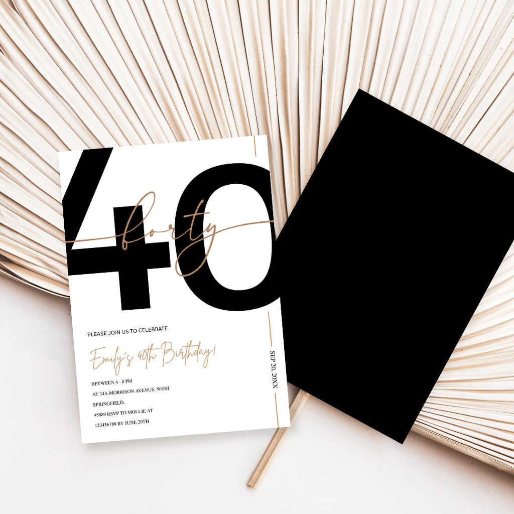Modern Minimalist White & Gold 40th Birthday Party Invitation – Editable Canva Template