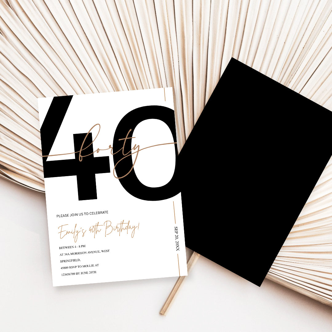 Modern Minimalist White & Gold 40th Birthday Party Invitation – Editable Canva Template