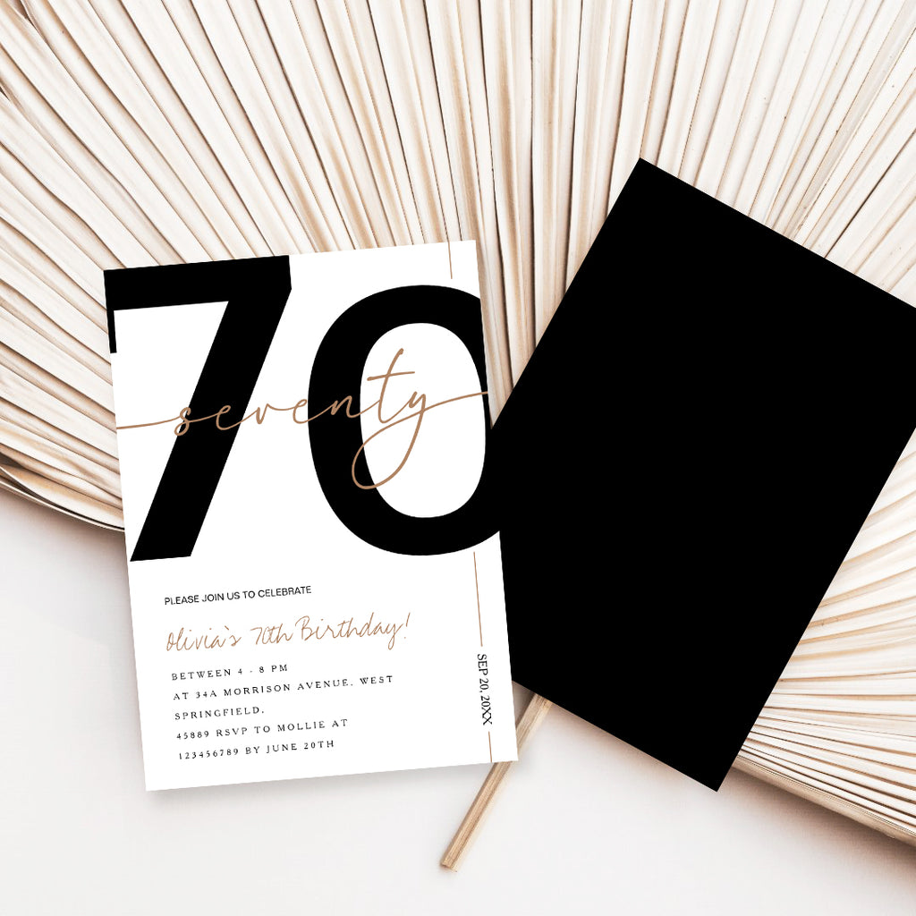 Modern Minimalist White & Gold 70th Birthday Party Invitation – Editable Canva Template