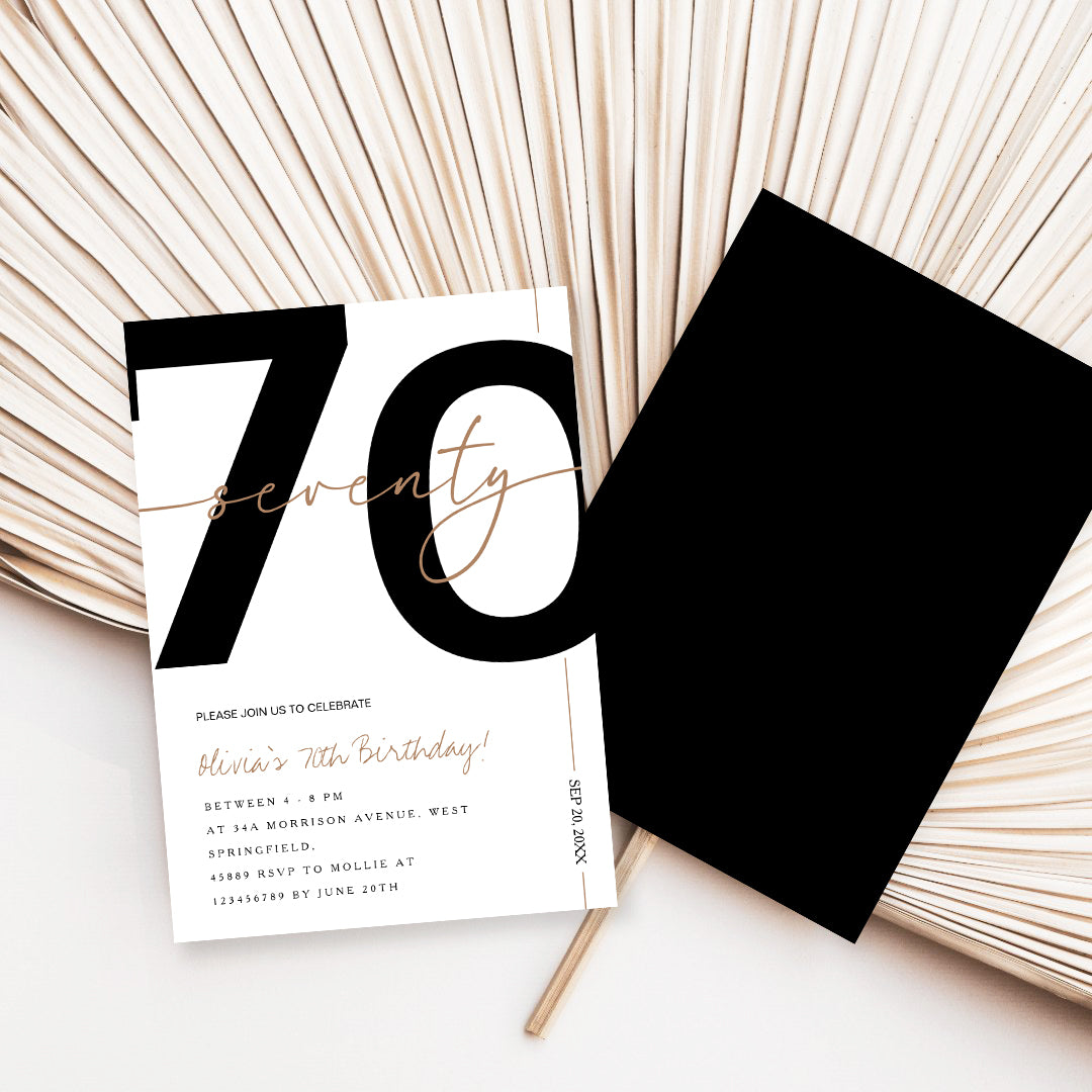 Modern Minimalist White & Gold 70th Birthday Party Invitation – Editable Canva Template