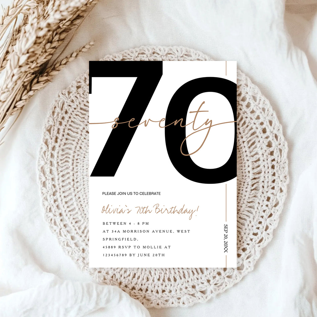 Modern Minimalist White & Gold 70th Birthday Party Invitation – Editable Canva Template