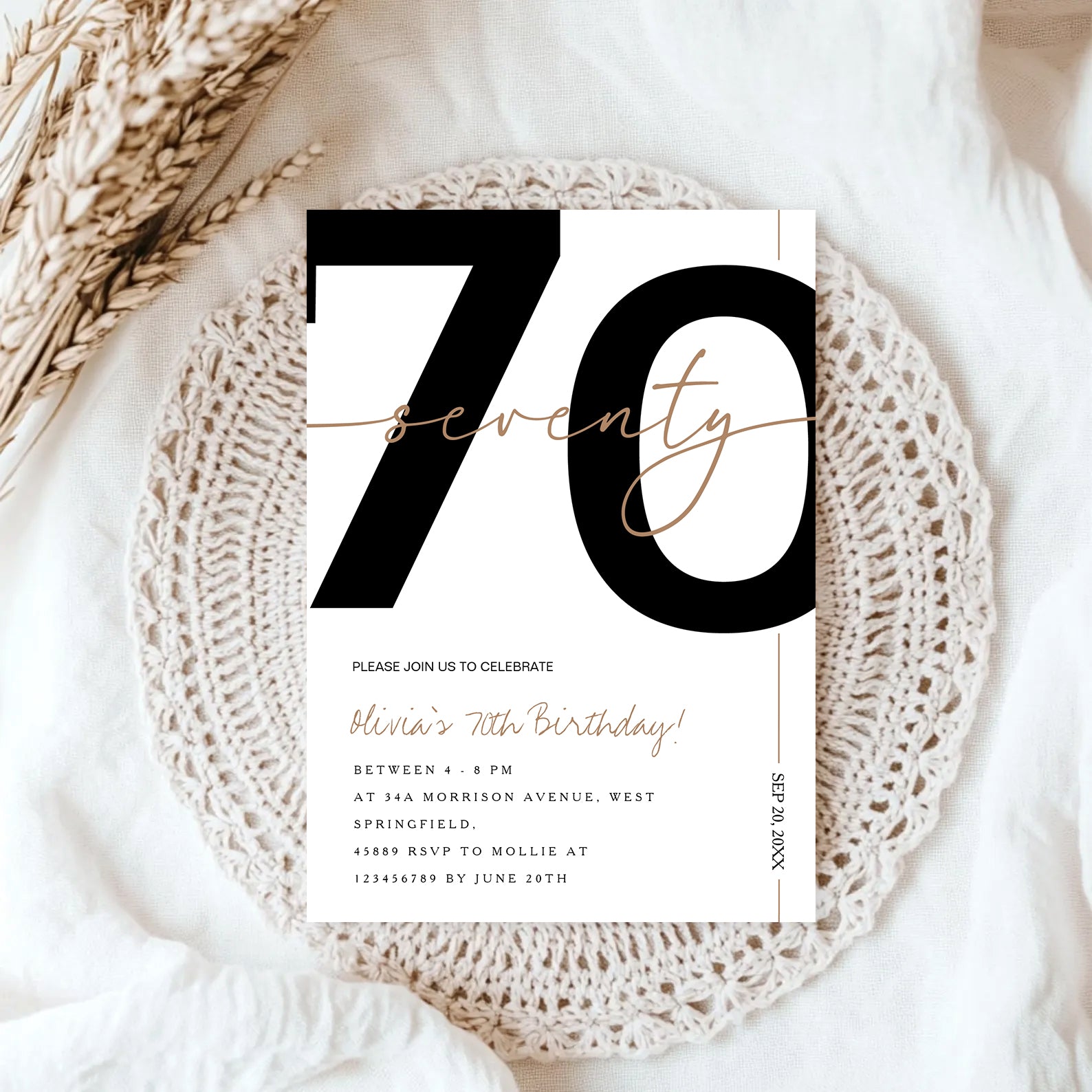 Modern Minimalist White & Gold 70th Birthday Party Invitation – Editable Canva Template
