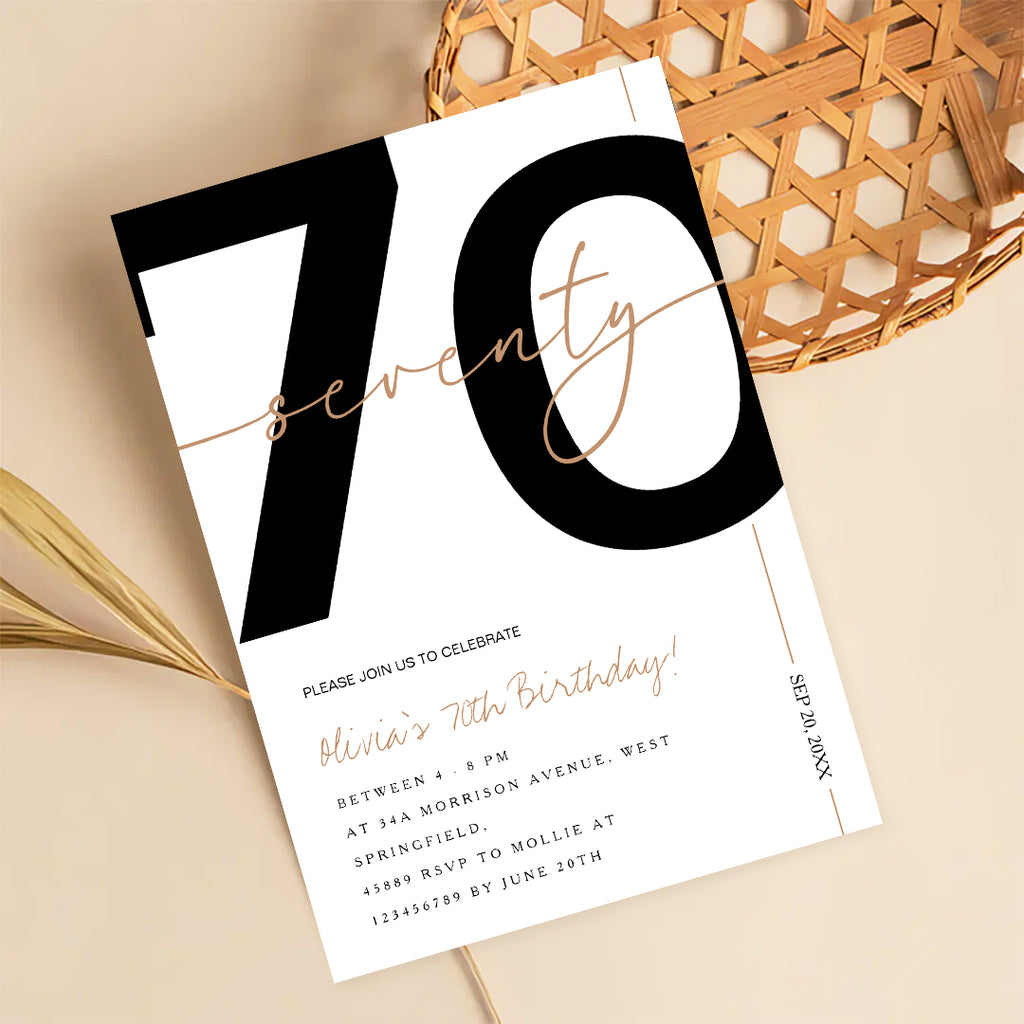 Modern Minimalist White & Gold 70th Birthday Party Invitation – Editable Canva Template