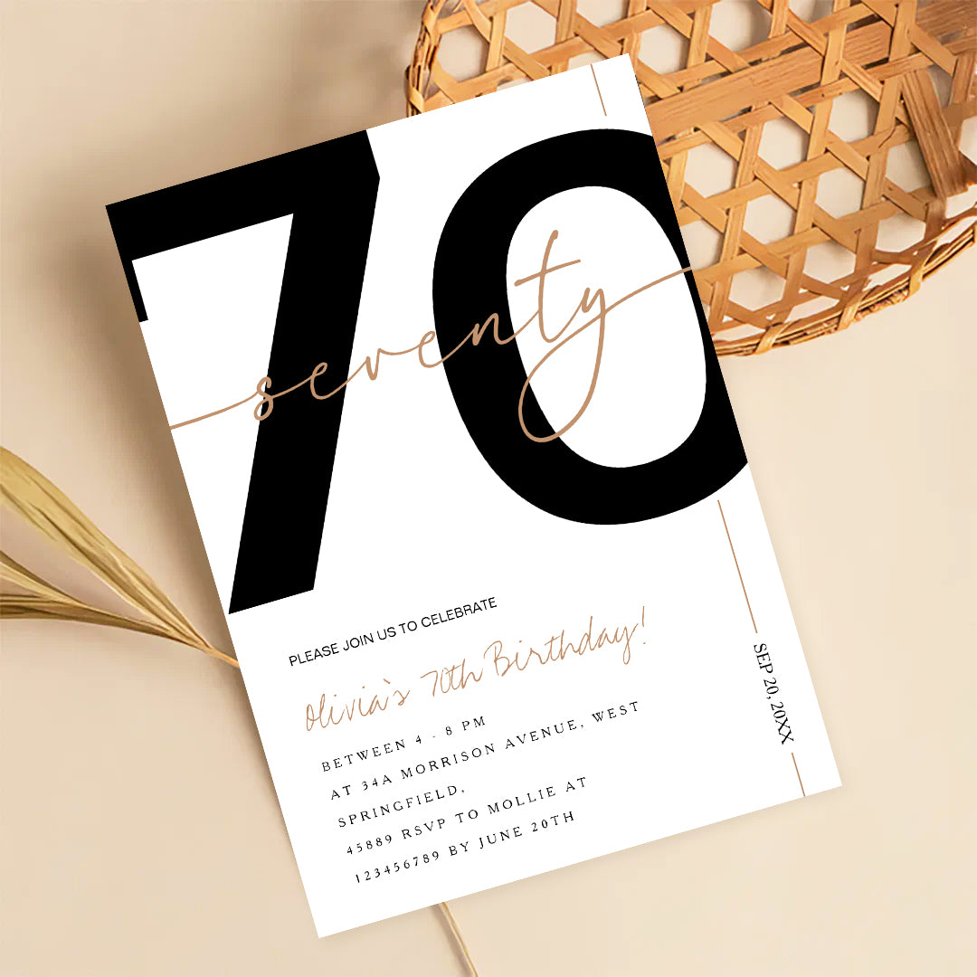 Modern Minimalist White & Gold 70th Birthday Party Invitation – Editable Canva Template