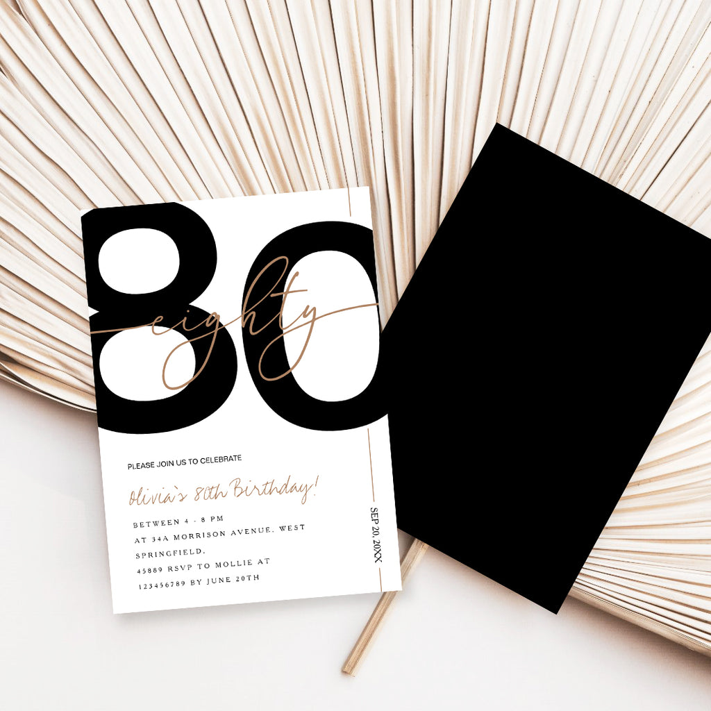 Modern Minimalist White & Gold 80th Birthday Party Invitation – Editable Canva Template