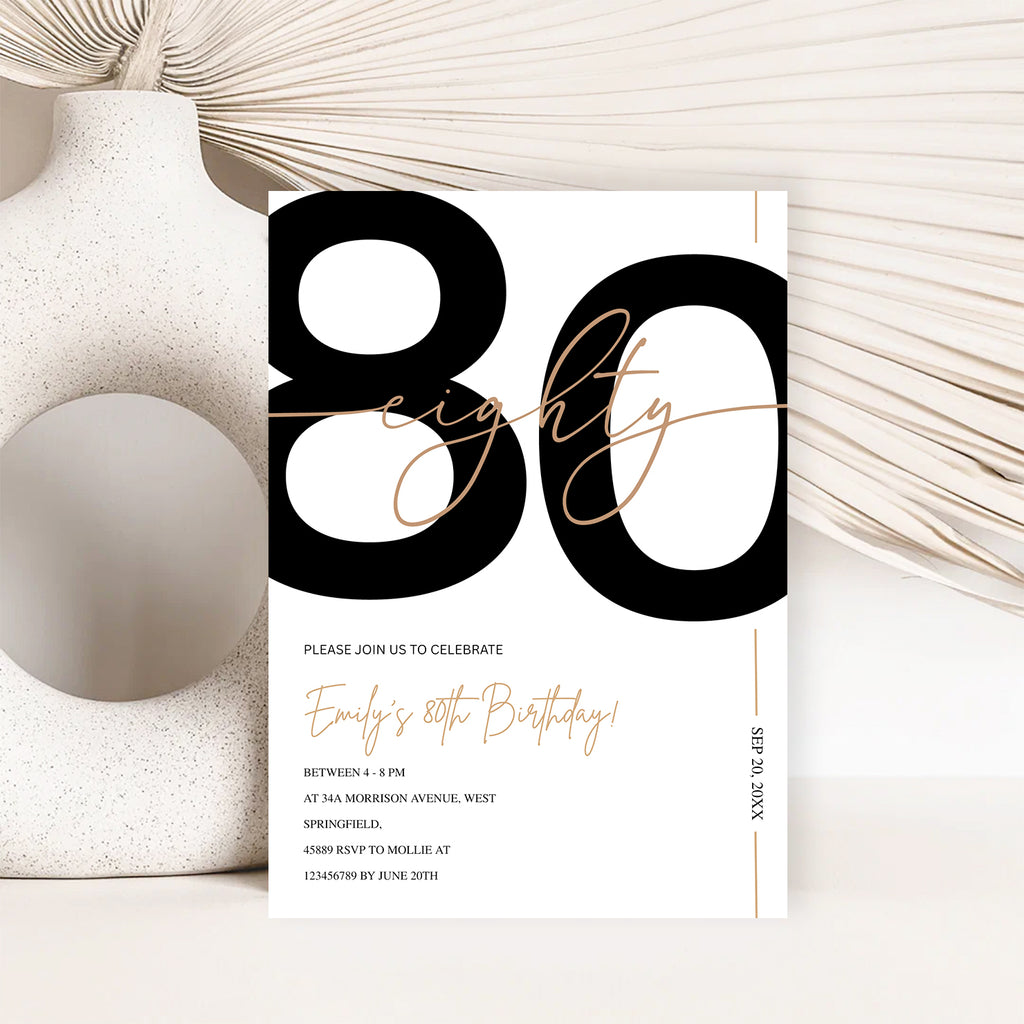 Modern Minimalist White & Gold 80th Birthday Party Invitation – Editable Canva Template