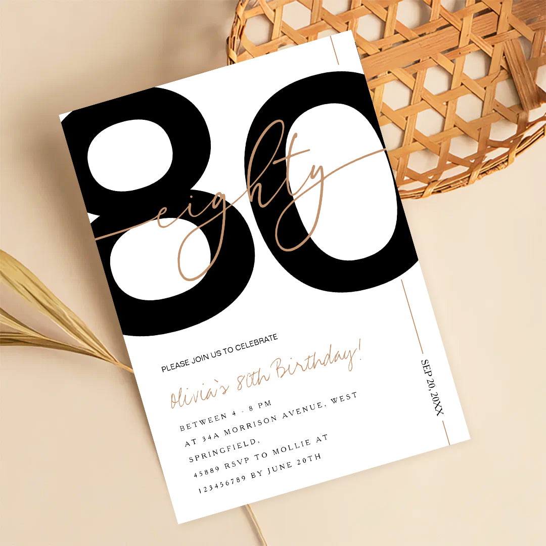 Modern Minimalist White & Gold 80th Birthday Party Invitation – Editable Canva Template