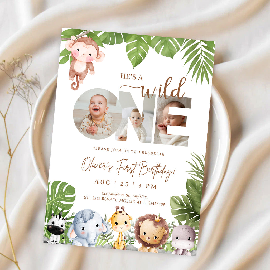 Editable Wild One Jungle 1st Birthday Photo Invitation | Safari Baby Canva Template – Instant Download
