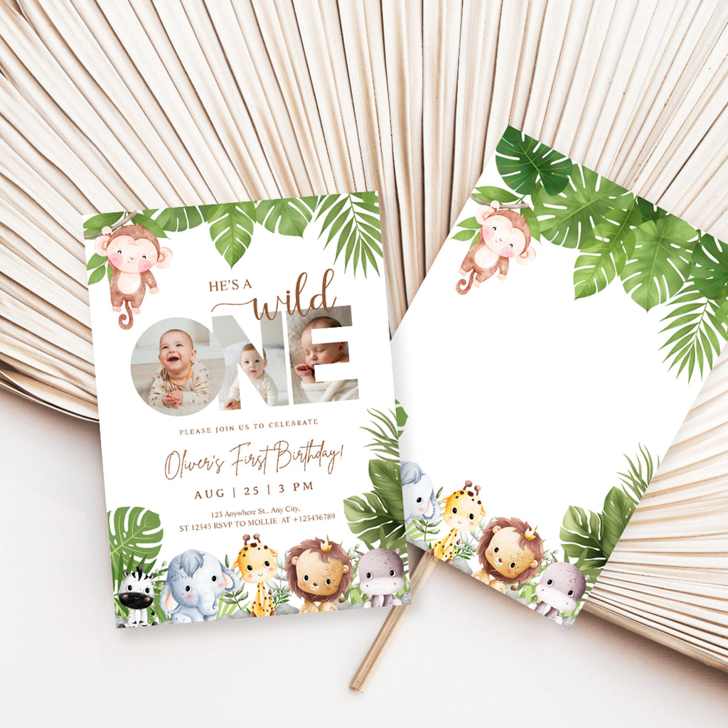 Editable Wild One Jungle 1st Birthday Photo Invitation | Safari Baby Canva Template – Instant Download