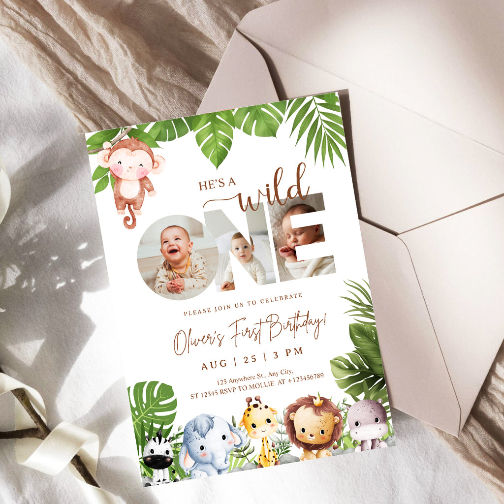 Editable Wild One Jungle 1st Birthday Photo Invitation | Safari Baby Canva Template – Instant Download