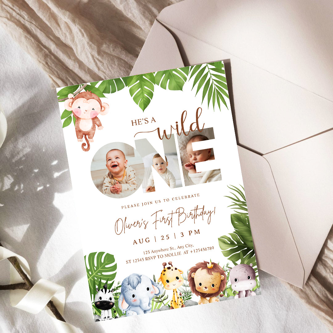 Editable Wild One Jungle 1st Birthday Photo Invitation | Safari Baby Canva Template – Instant Download