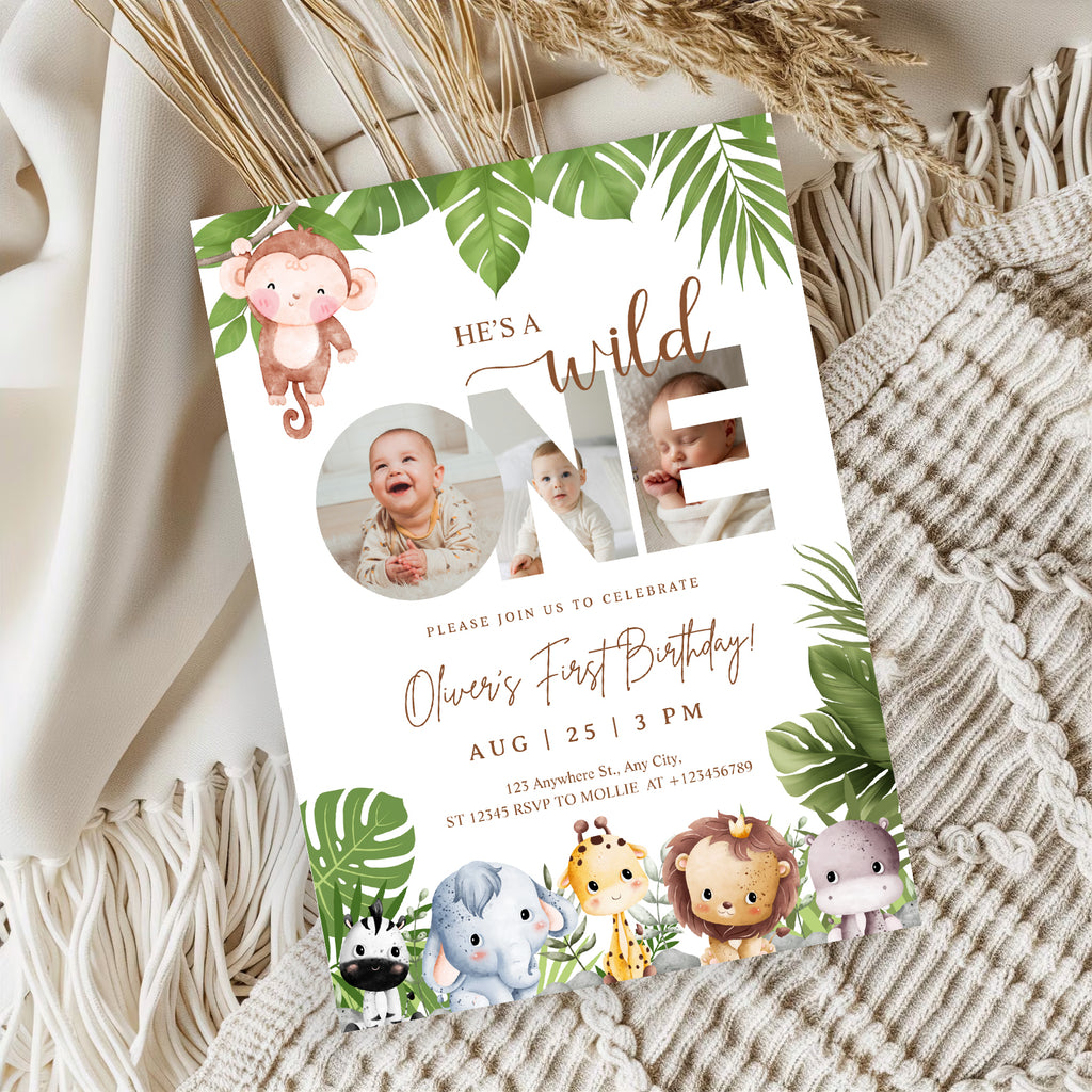 Editable Wild One Jungle 1st Birthday Photo Invitation | Safari Baby Canva Template – Instant Download