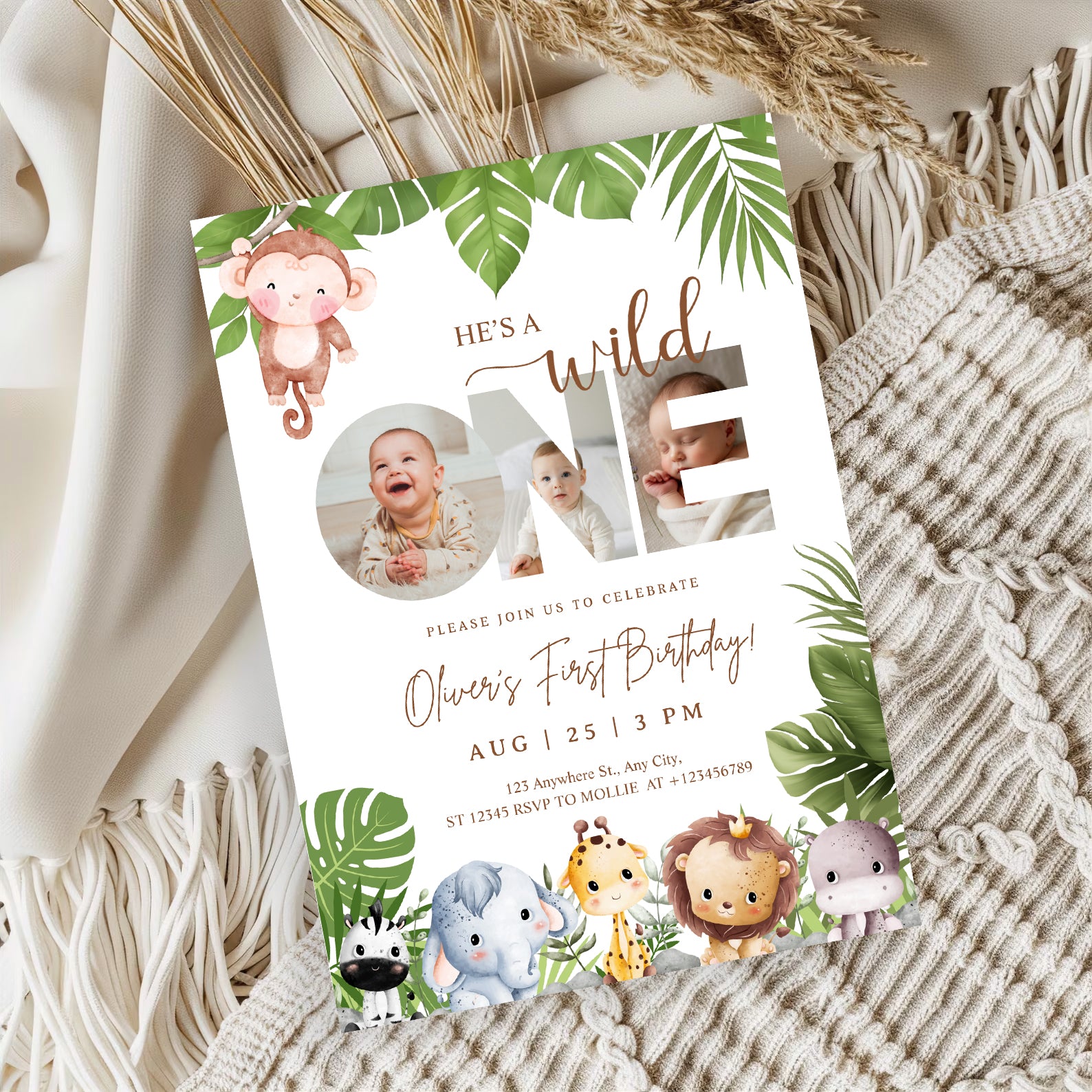 Editable Wild One Jungle 1st Birthday Photo Invitation | Safari Baby Canva Template – Instant Download