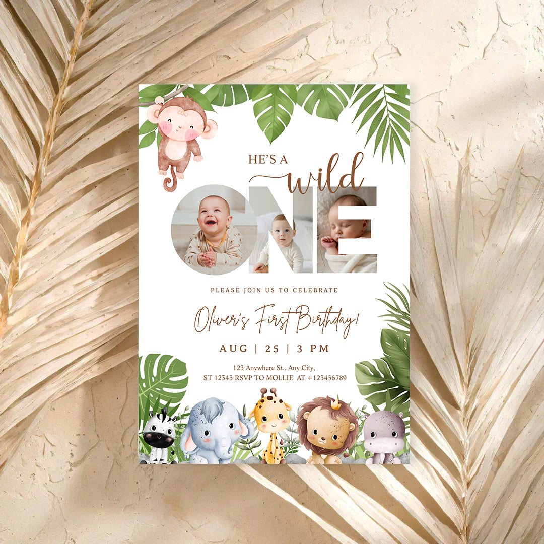 Editable Wild One Jungle 1st Birthday Photo Invitation | Safari Baby Canva Template – Instant Download