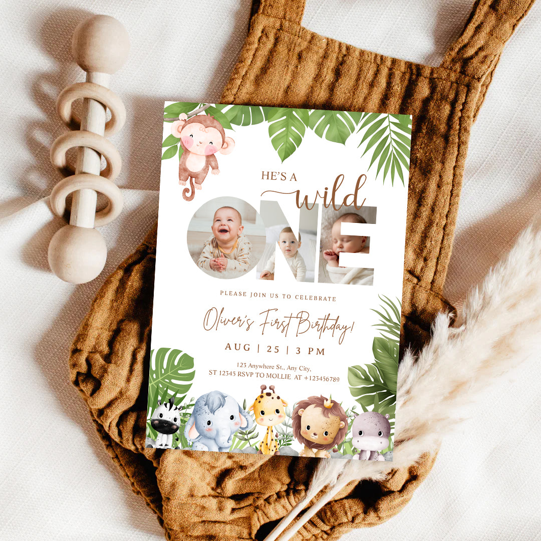 Editable Wild One Jungle 1st Birthday Photo Invitation | Safari Baby Canva Template – Instant Download