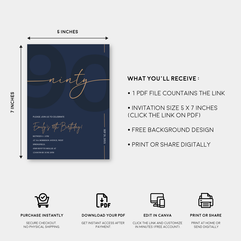 Modern Navy Blue & Gold 90th Birthday Invitation – Editable Canva Template