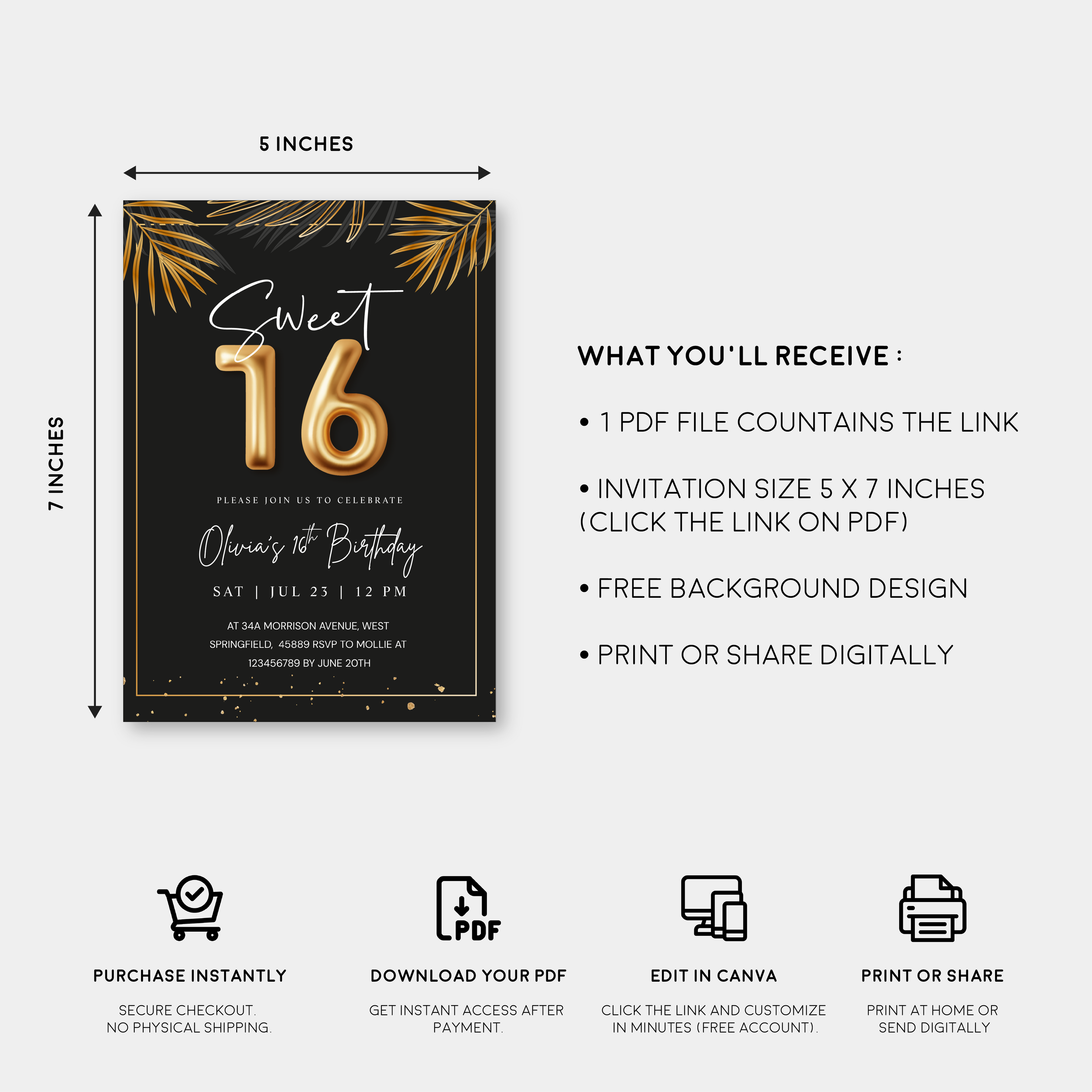 Sweet 16 Tropical Gold Invitation Template | Editable Sixteenth Birthday Invite | Golden Leaves Canva Instant Download