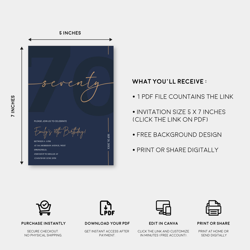 Modern Navy Blue & Gold 70th Birthday Invitation – Editable Canva Template