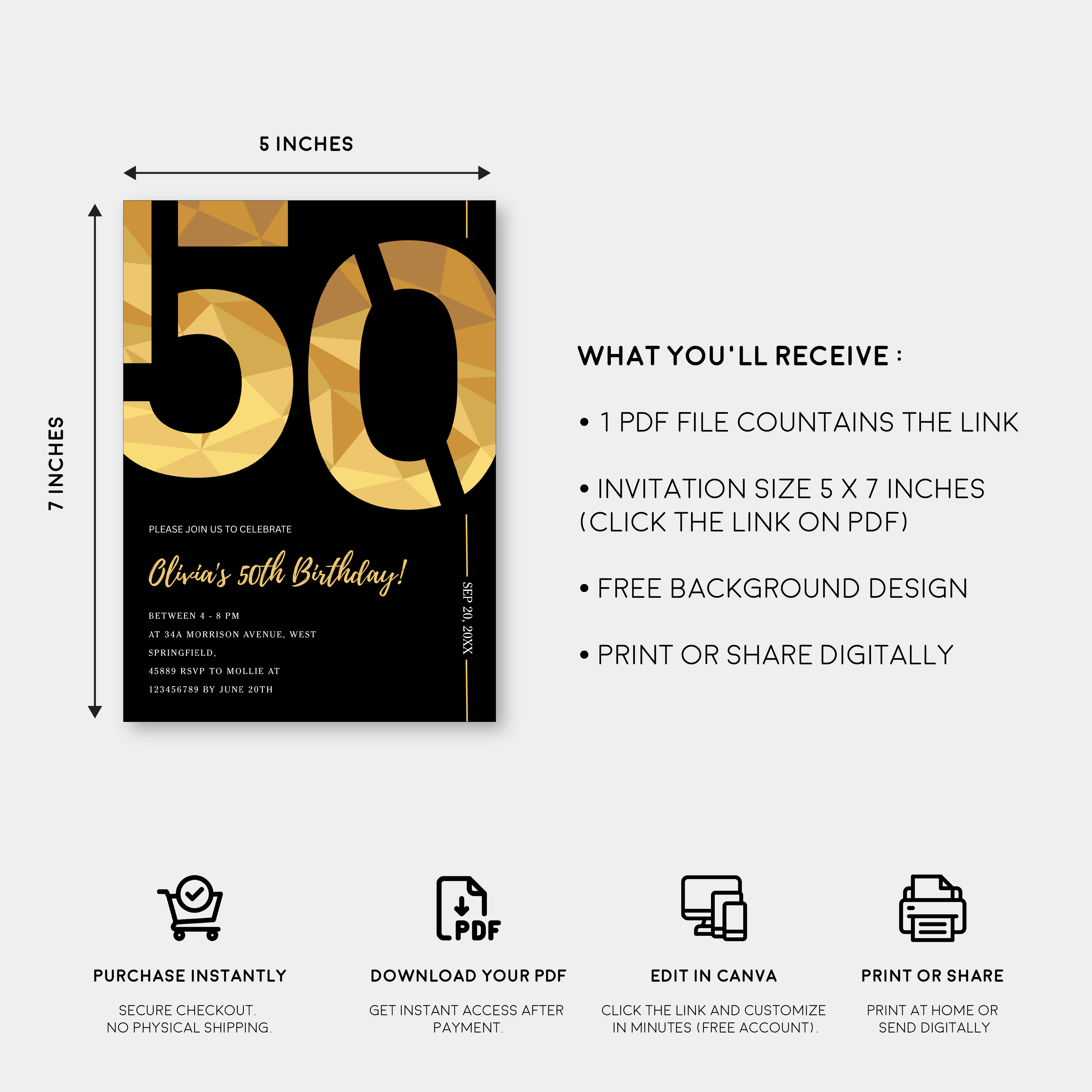 Elegant Black & Gold 50th Birthday Invitation Template | Editable Birthday Party Invite | Instant Download Canva