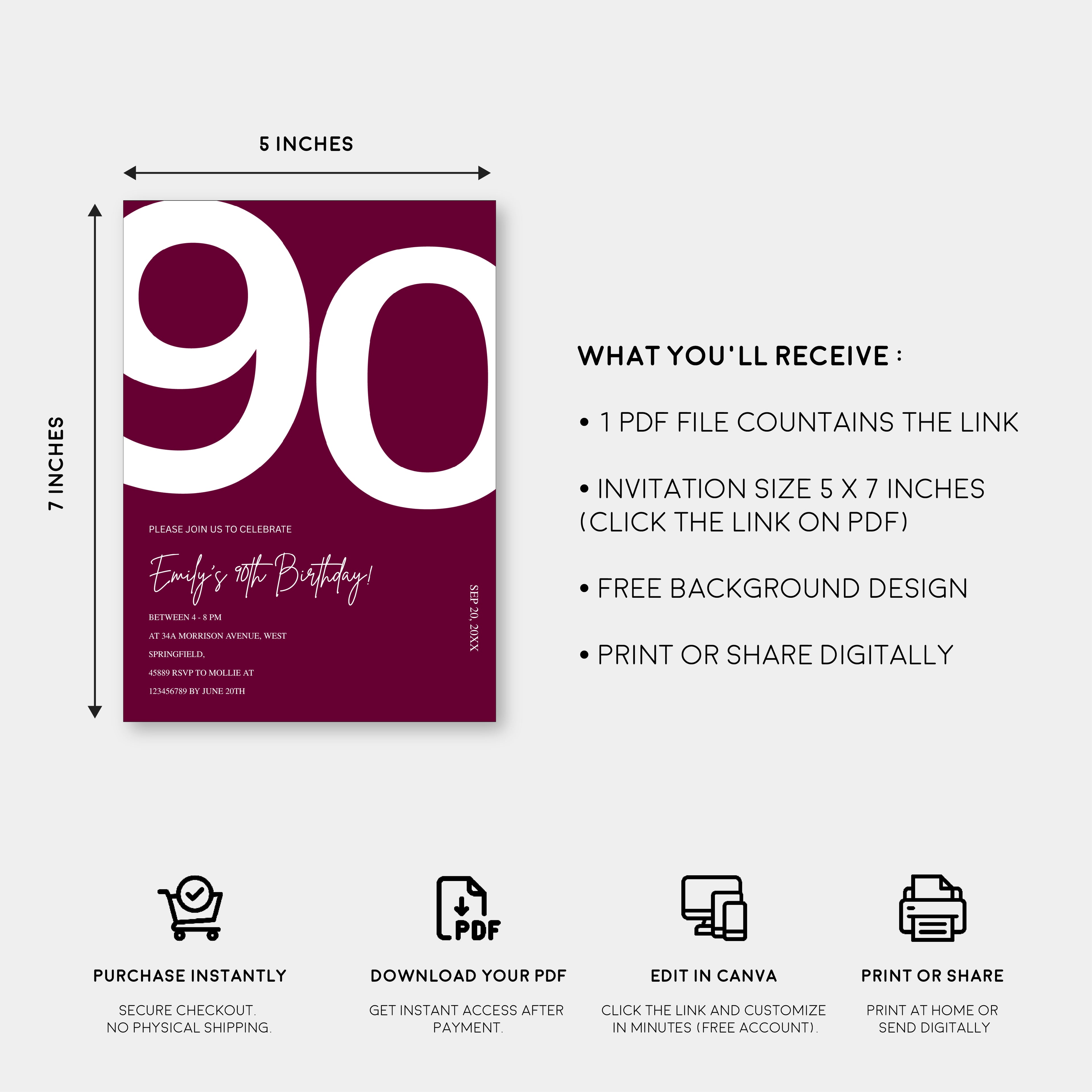 Elegant Burgundy 90th Birthday Invitation Template | Chic Ninety Milestone Party Invite | Editable & Instant Download