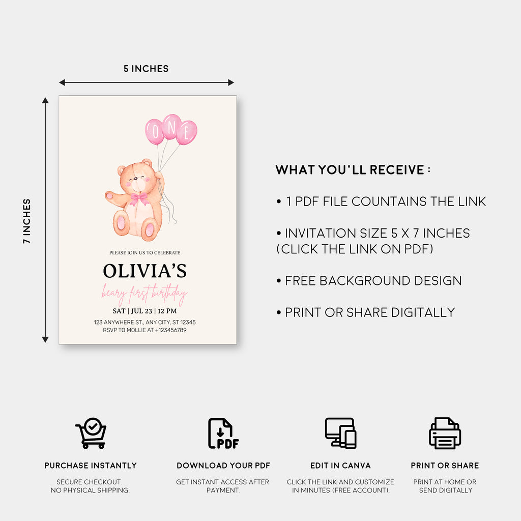Beary First Pink Balloon 1st Birthday Teddy Invitation – Editable Canva Template