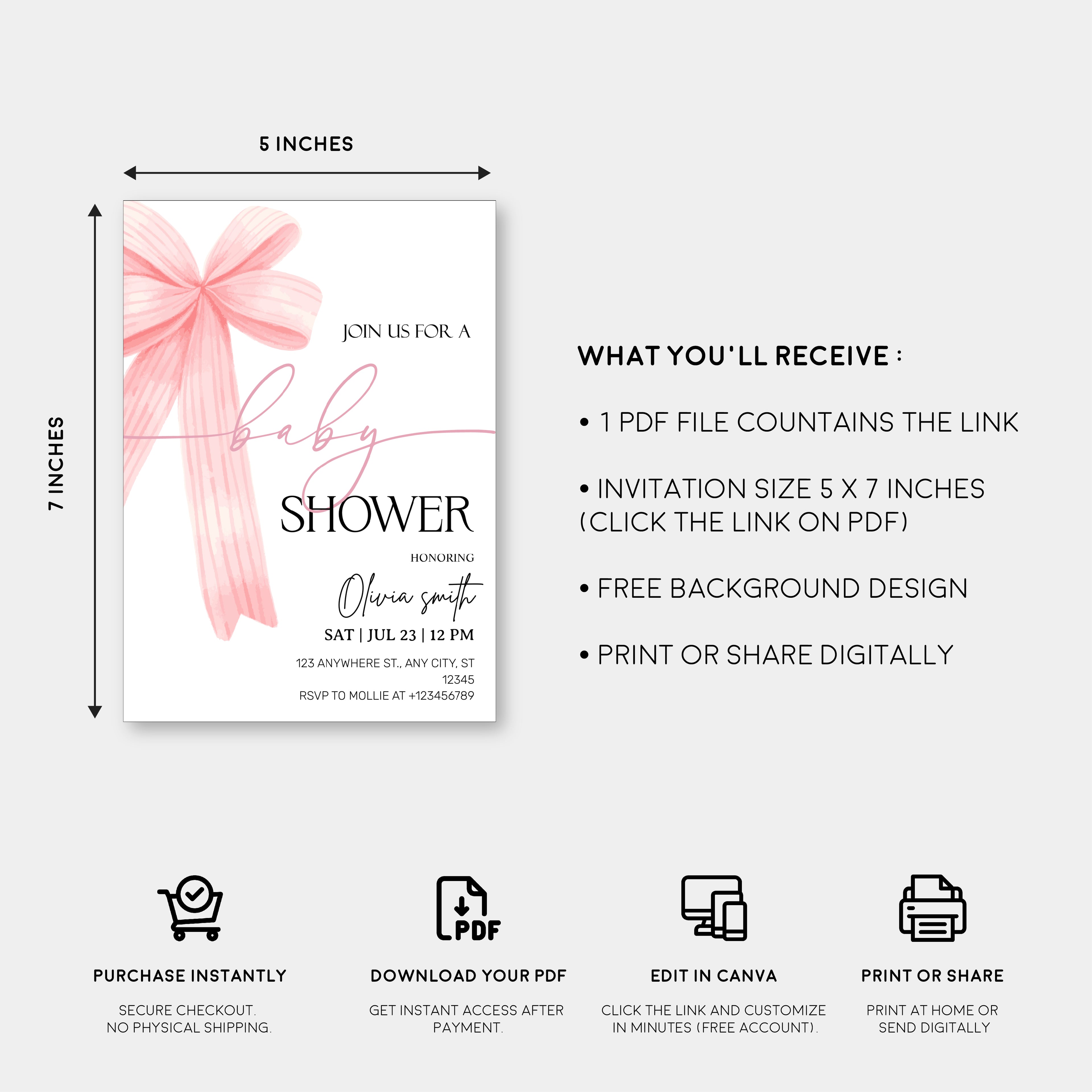 Elegant Pink Bow Baby Shower Invitation – Editable Canva Template
