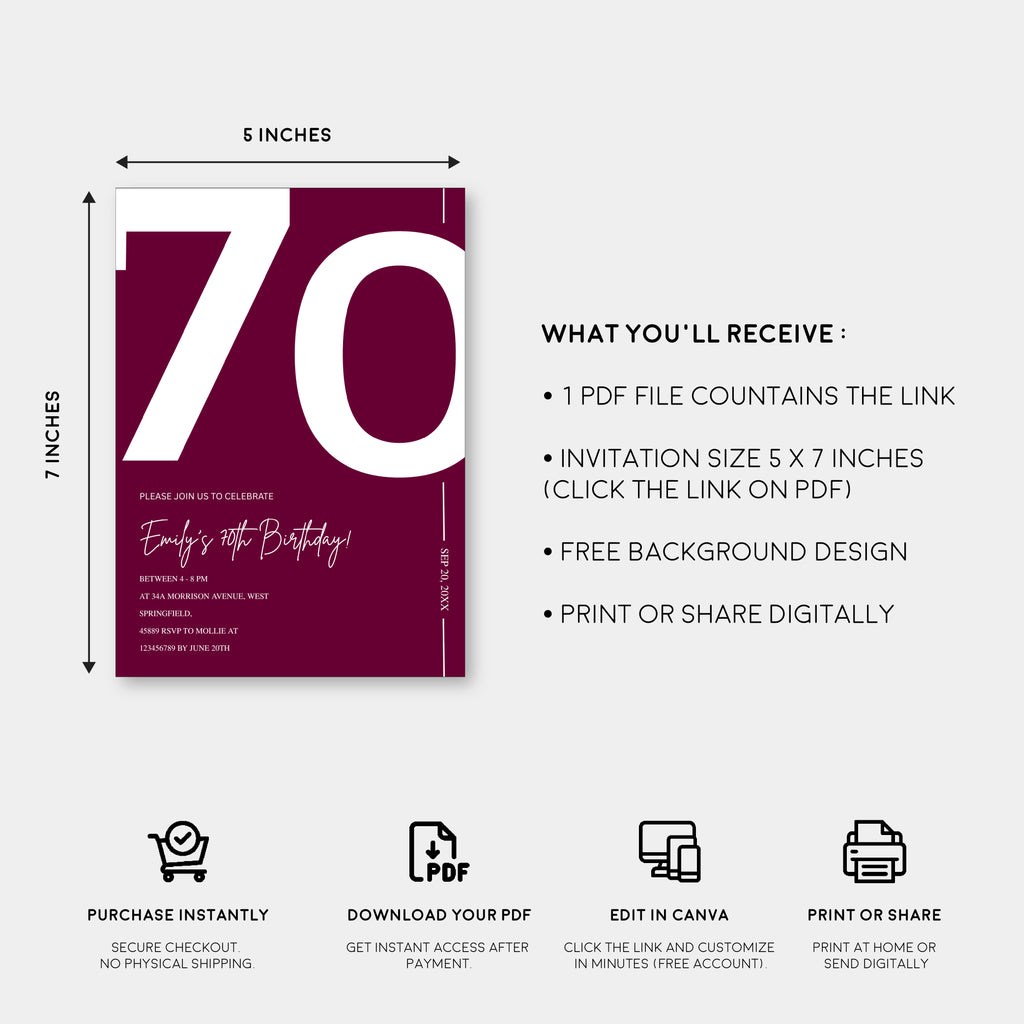 Elegant Burgundy 70th Birthday Invitation Template | Chic Seventy Milestone Party Invite | Editable & Instant Download