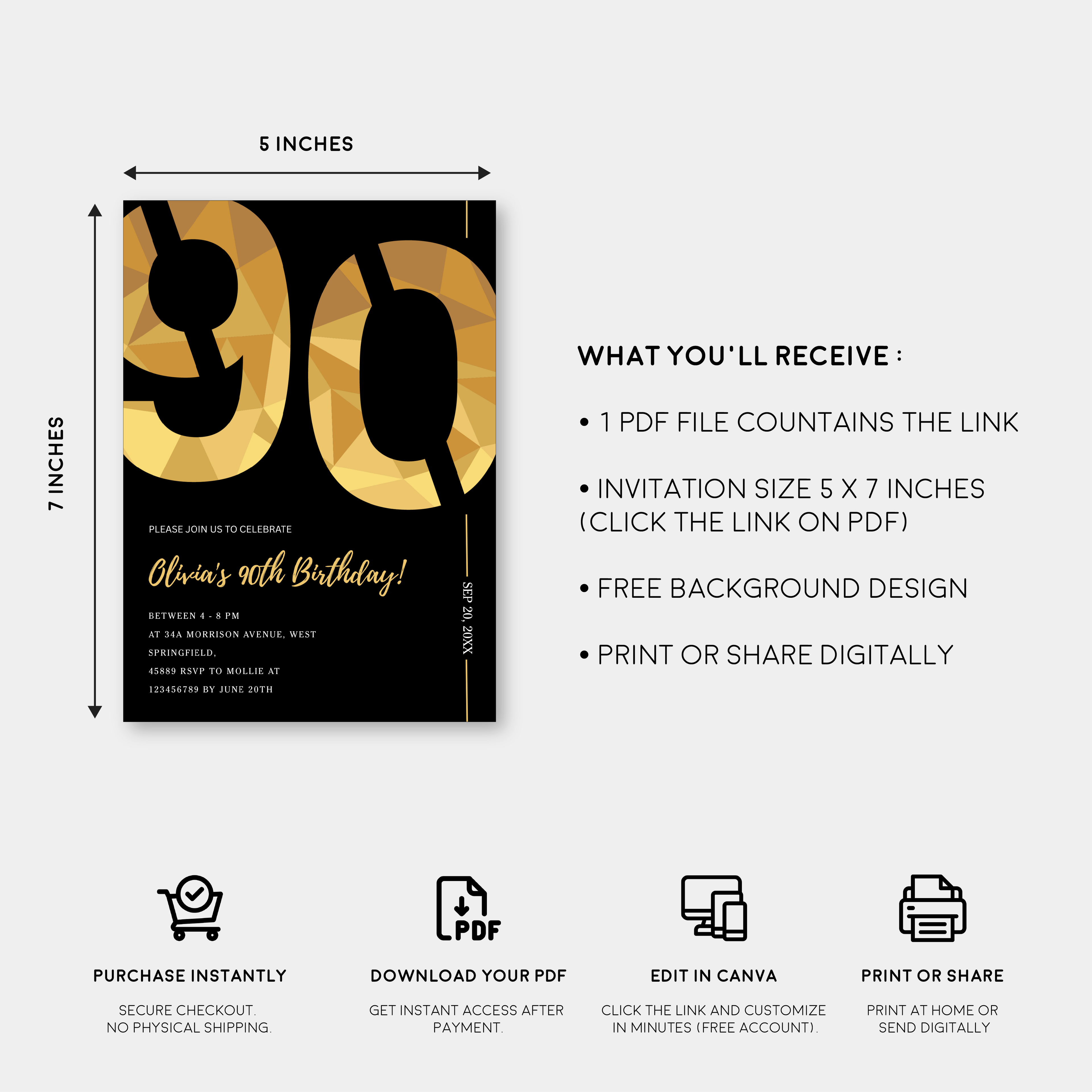 Elegant Black & Gold 90th Birthday Invitation Template | Editable Birthday Party Invite | Instant Download Canva