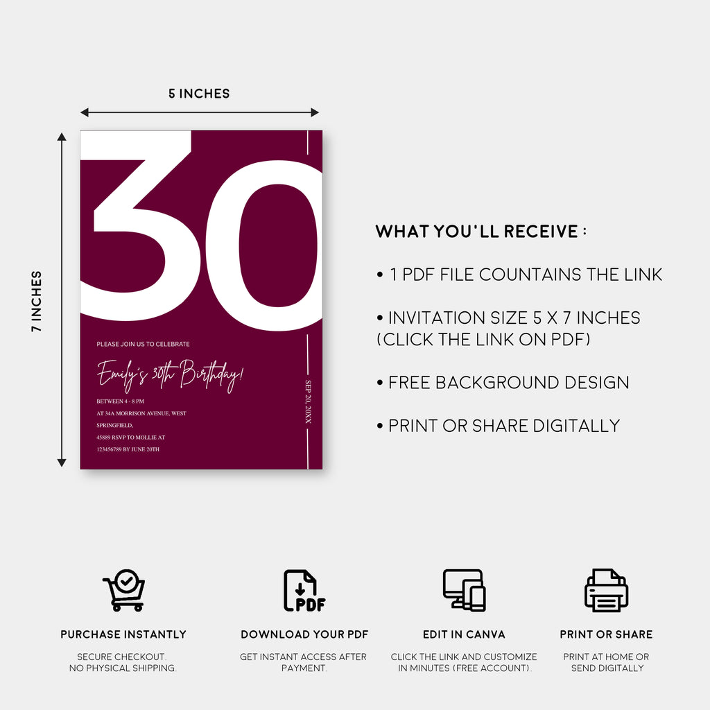 Elegant Burgundy 30th Birthday Invitation Template | Chic Thirty Milestone Party Invite | Editable & Instant Download